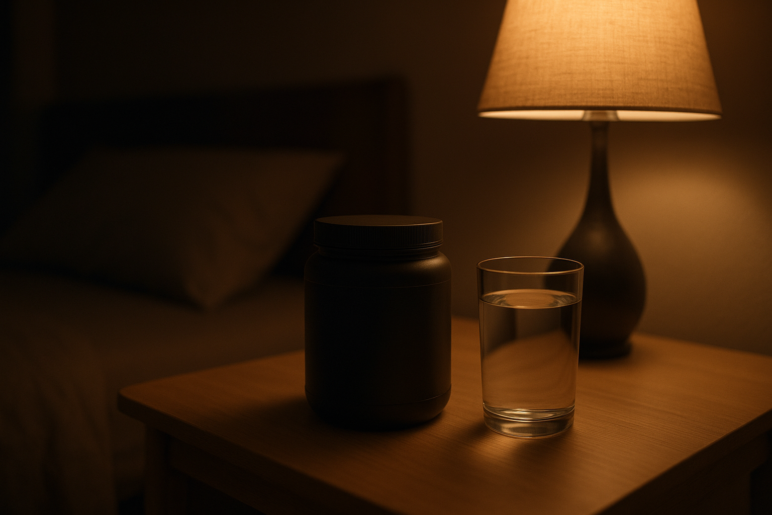 Creatina antes de dormir - pote na mesinha de cabeceira com luz de abajur