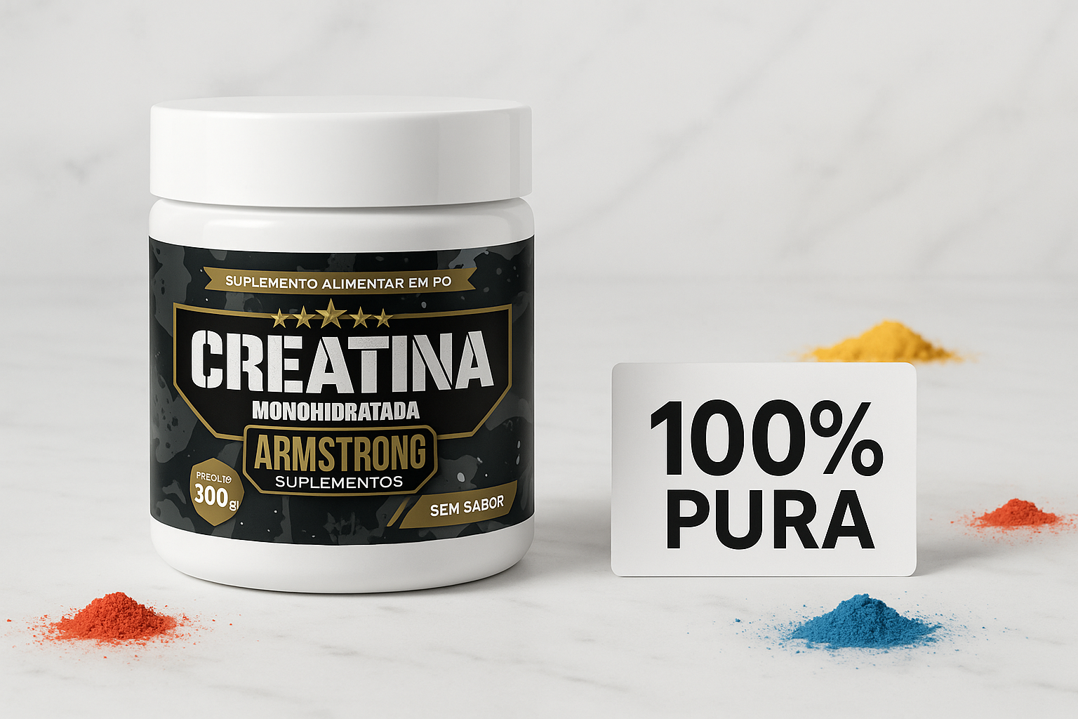 Pote Armstrong Creatina Monohidratada 100% Pura ao lado de pilhas de aditivos coloridos em pó