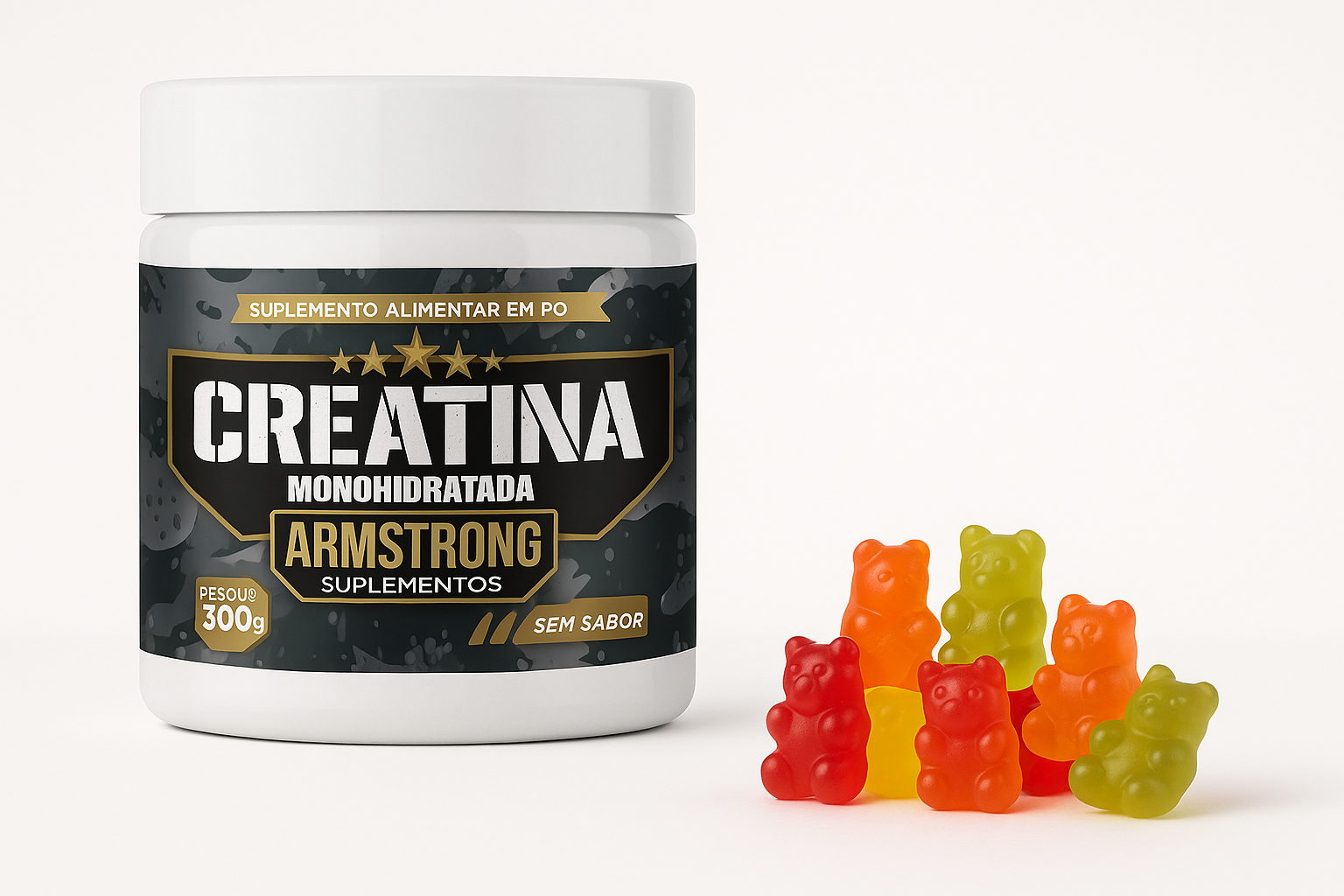 Pote Armstrong Creatina Monohidratada ao lado de balinhas gummy coloridas para comparacao