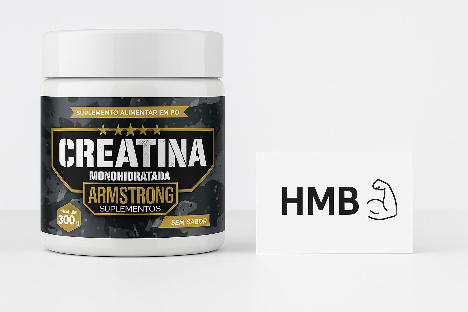 Pote Armstrong Creatina Monohidratada ao lado de placa com sigla HMB e icone de musculo