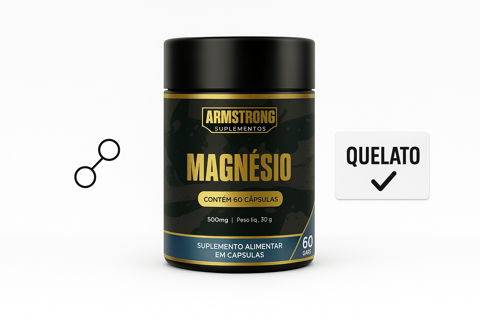 Pote Armstrong Magnesio com estrutura molecular de glicina e placa indicando Quelato de alta absorcao