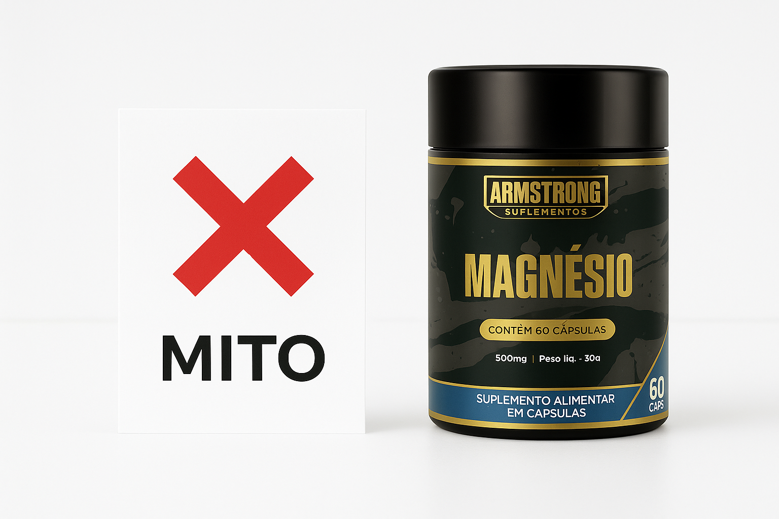 Pote Armstrong Magnesio ao lado de cartao com X vermelho e palavra MITO desmentindo o mito de que magnesio engorda