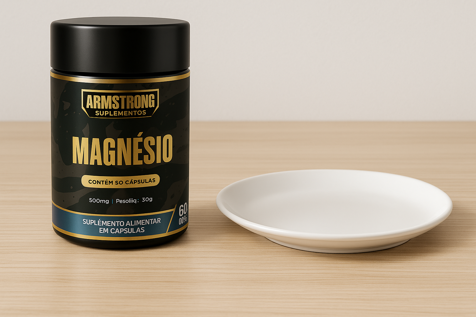 Pote Armstrong Magnesio ao lado de prato vazio sobre mesa de madeira representando estomago vazio e jejum
