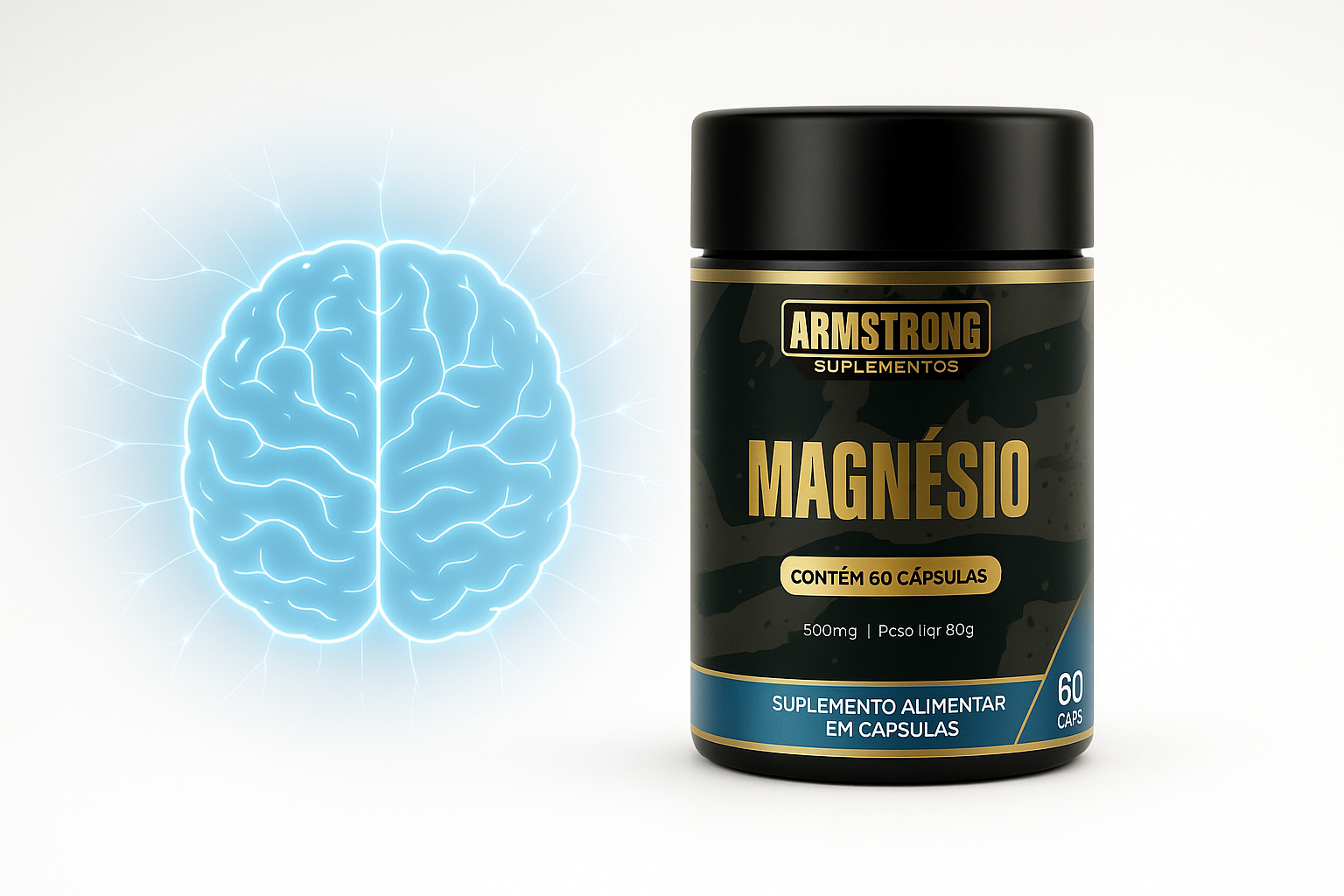 Pote Armstrong Magnesio ao lado de ilustracao de cerebro com conexoes neurais representando o magnesio L-treonato