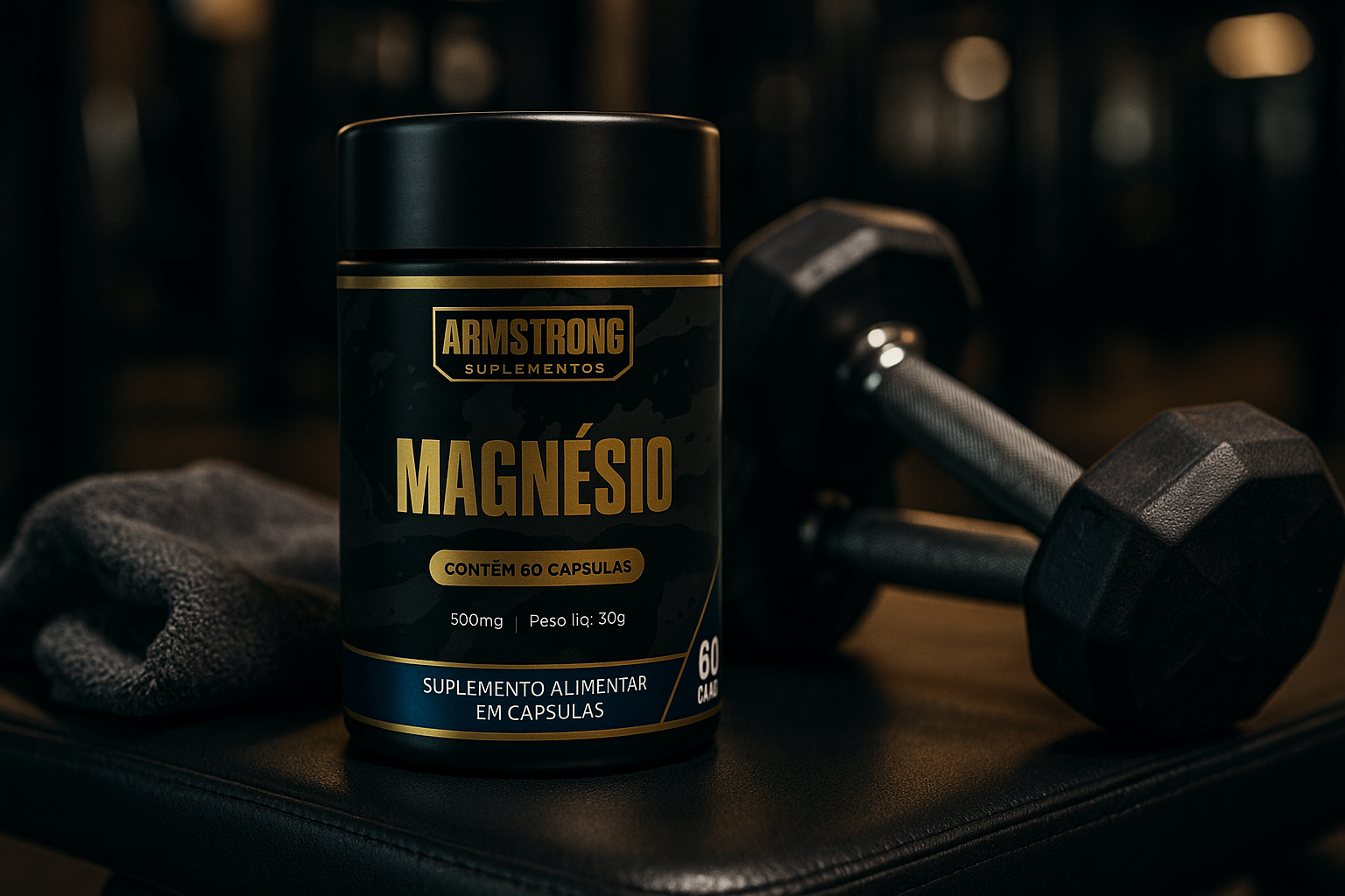 Pote Armstrong Magnesio sobre banco de academia ao lado de halteres e toalha de treino iluminacao atletica de alta performance