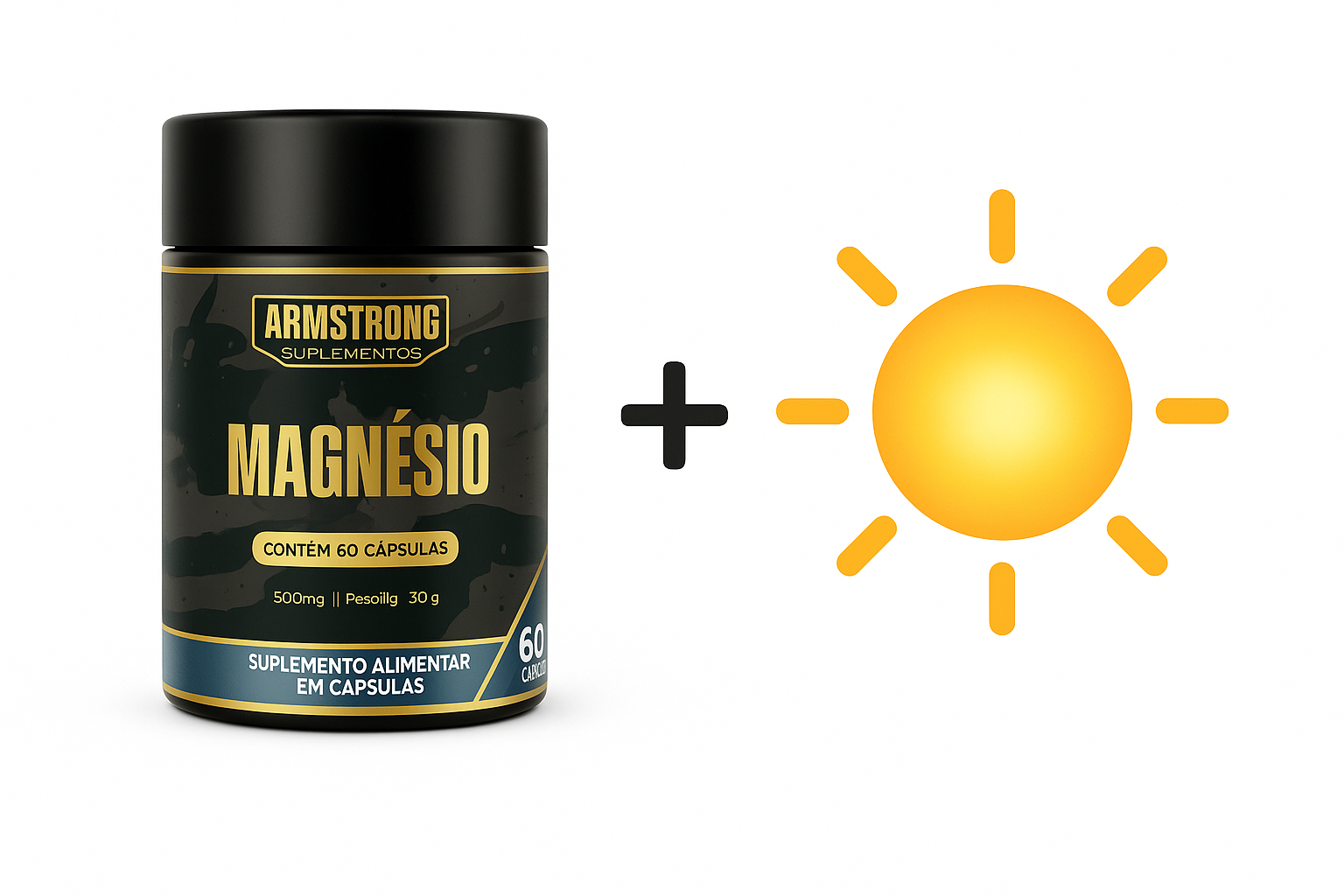 Pote Armstrong Magnesio ao lado de icone solar dourado representando Vitamina D com simbolo de mais indicando sinergia entre os dois