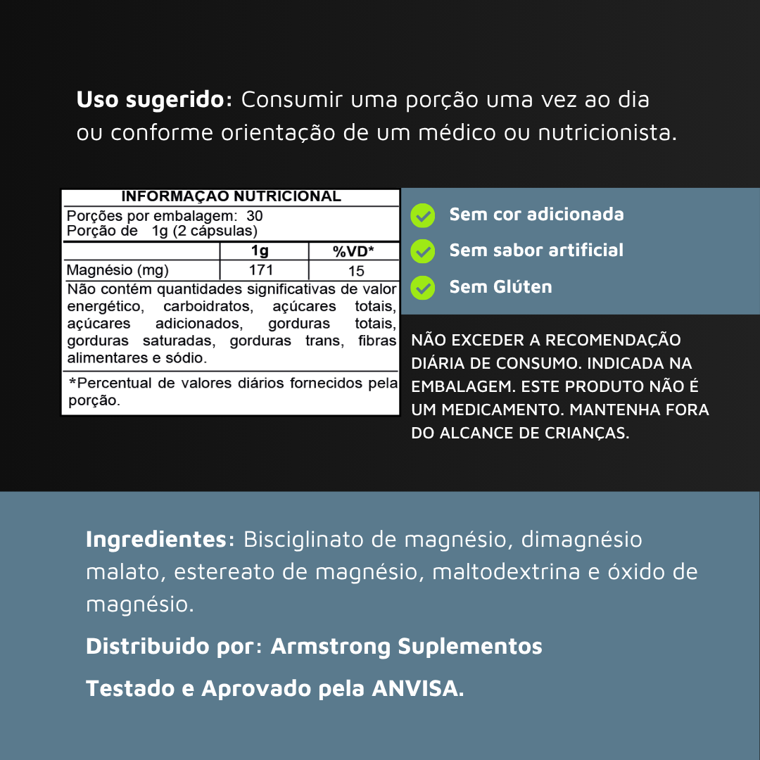 Magnésio Triplo Armstrong – Bisglicinato, Dimalato e Óxido (60 Cápsulas)