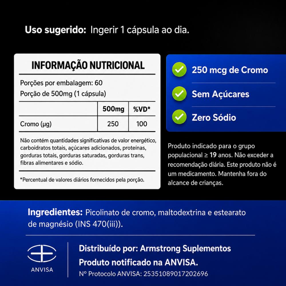 Picolinato de Cromo Armstrong Suplementos – 500mg (60 Cápsulas)