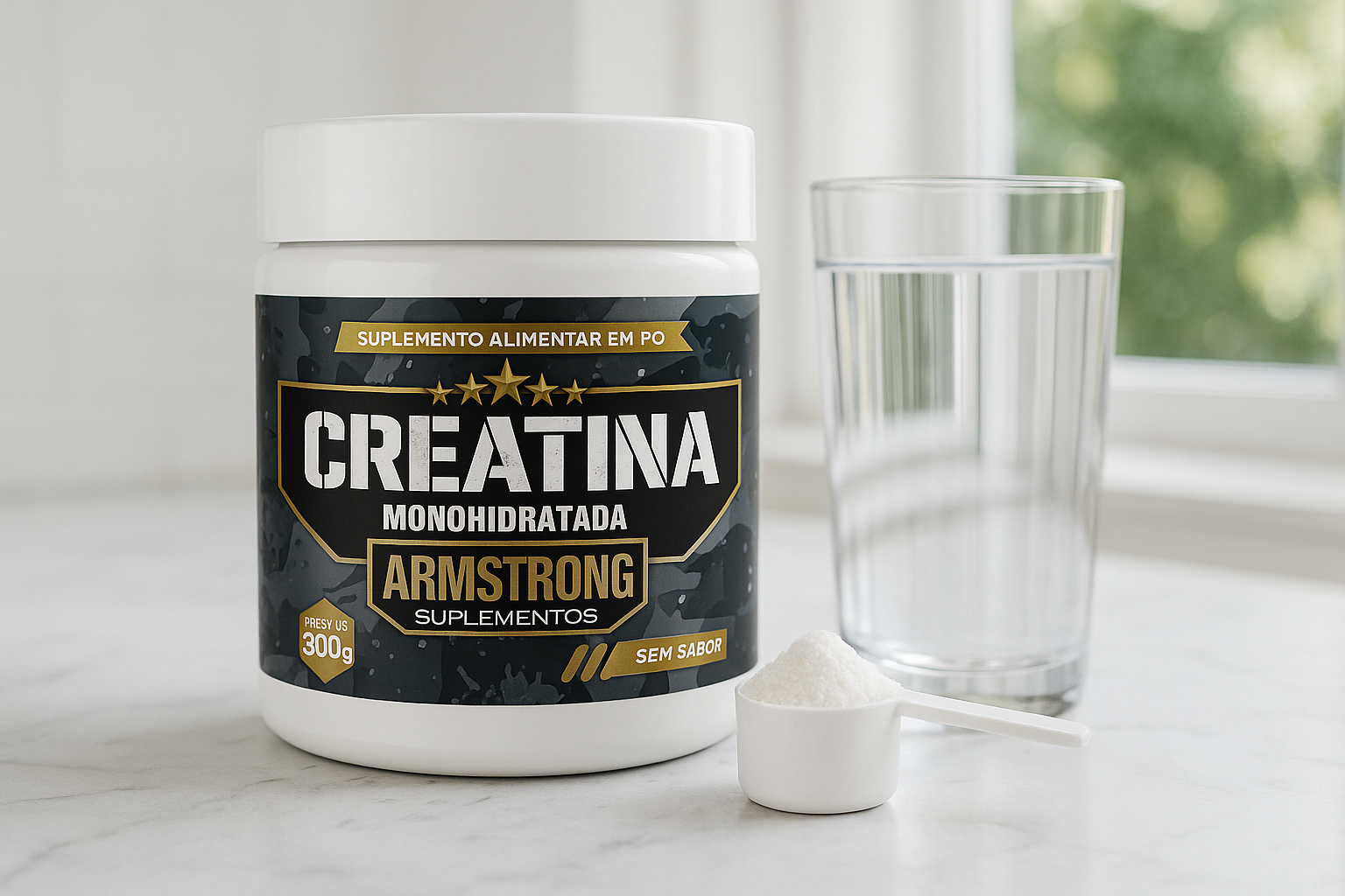 Como tomar creatina corretamente - pote Armstrong Suplementos com colher dosadora e copo d'água