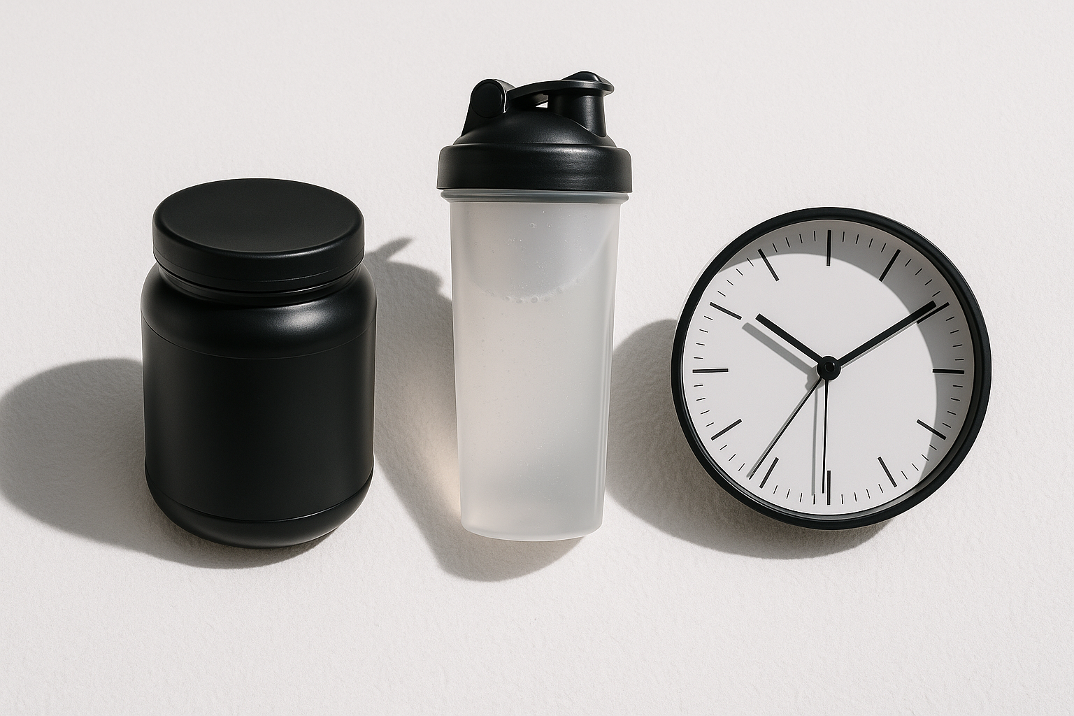 Qual o melhor horário para tomar creatina - pote, shaker e relógio