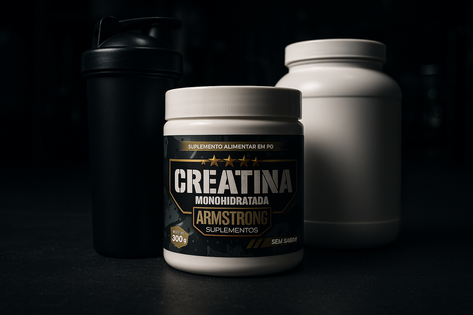 Creatina pode misturar com whey - pote Armstrong Suplementos com shaker e whey protein