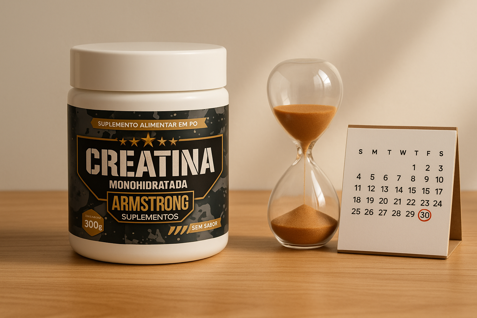 Quanto tempo tomar creatina para ver resultado - pote Armstrong com ampulheta e calendário