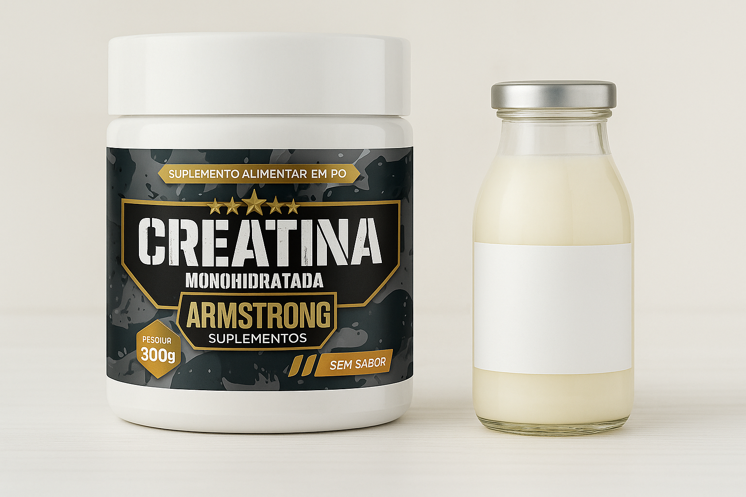 Pote Armstrong Creatina Monohidratada ao lado de frasco de colostro bovino para comparacao de stack