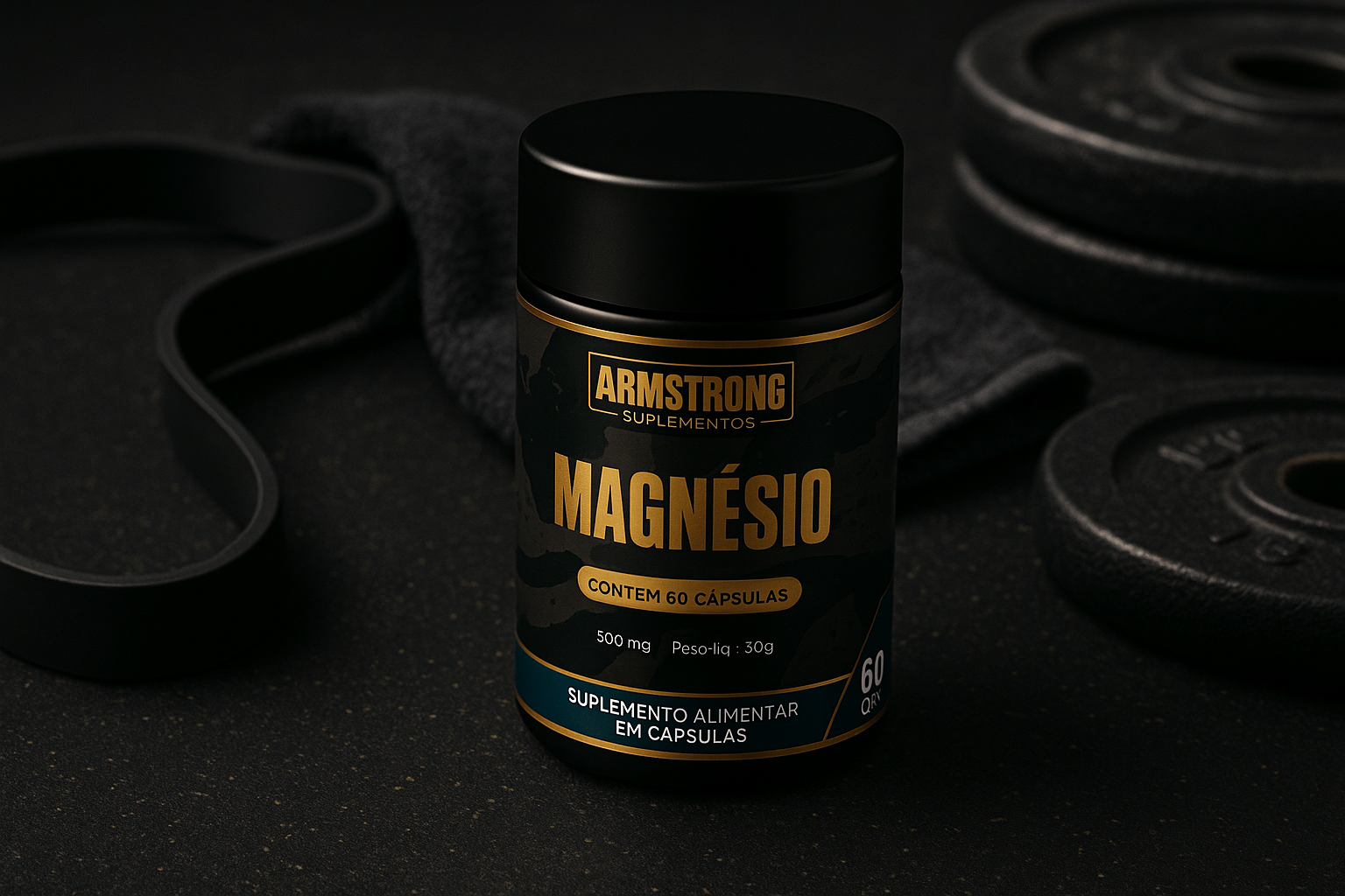 Pote Armstrong Magnesio Triplo em ambiente de academia com halteres e faixa de resistencia em iluminacao dramatica atletica