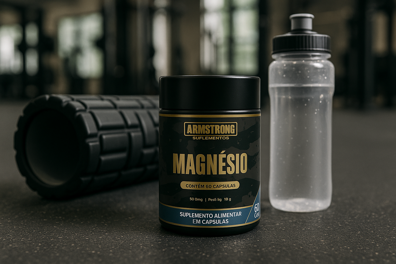 Pote Armstrong Magnesio no chao de academia ao lado de rolo de espuma e garrafa de agua ambiente de recuperacao pos treino