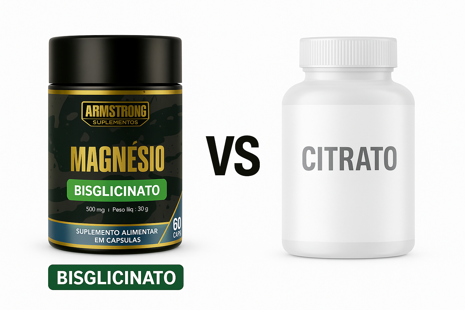 Comparativo entre pote Armstrong Magnesio Bisglicinato e frasco generico de Citrato com VS ao centro em fundo branco
