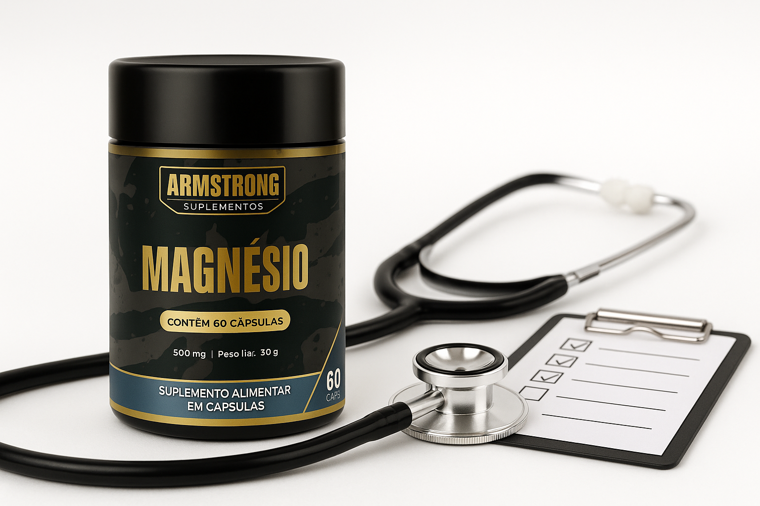 Pote Armstrong Magnesio ao lado de estetoscopio e prancheta com checklist sugerindo orientacao medica e rastreamento de saude