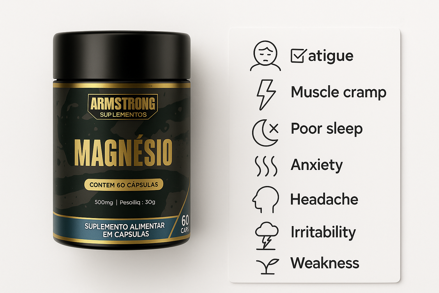 Pote Armstrong Magnesio Triplo ao lado de checklist com 7 sintomas de deficiencia de magnesio