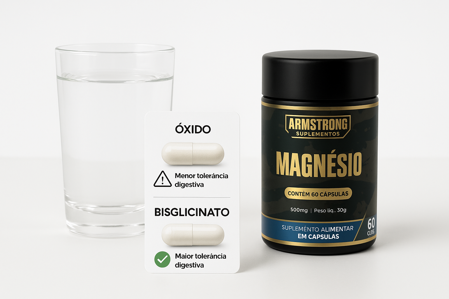 Pote Armstrong Magnesio com copo de agua ao lado de infografico comparando capsula de oxido com alerta e capsula de bisglicinato com check verde