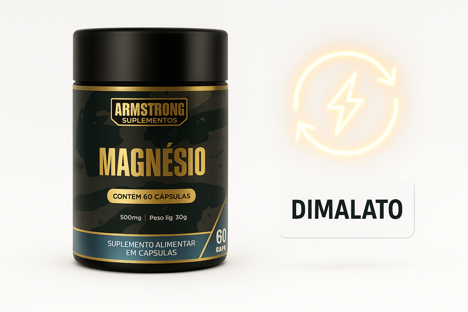 Pote Armstrong Magnesio com diagrama de ciclo de energia e placa indicando Dimalato