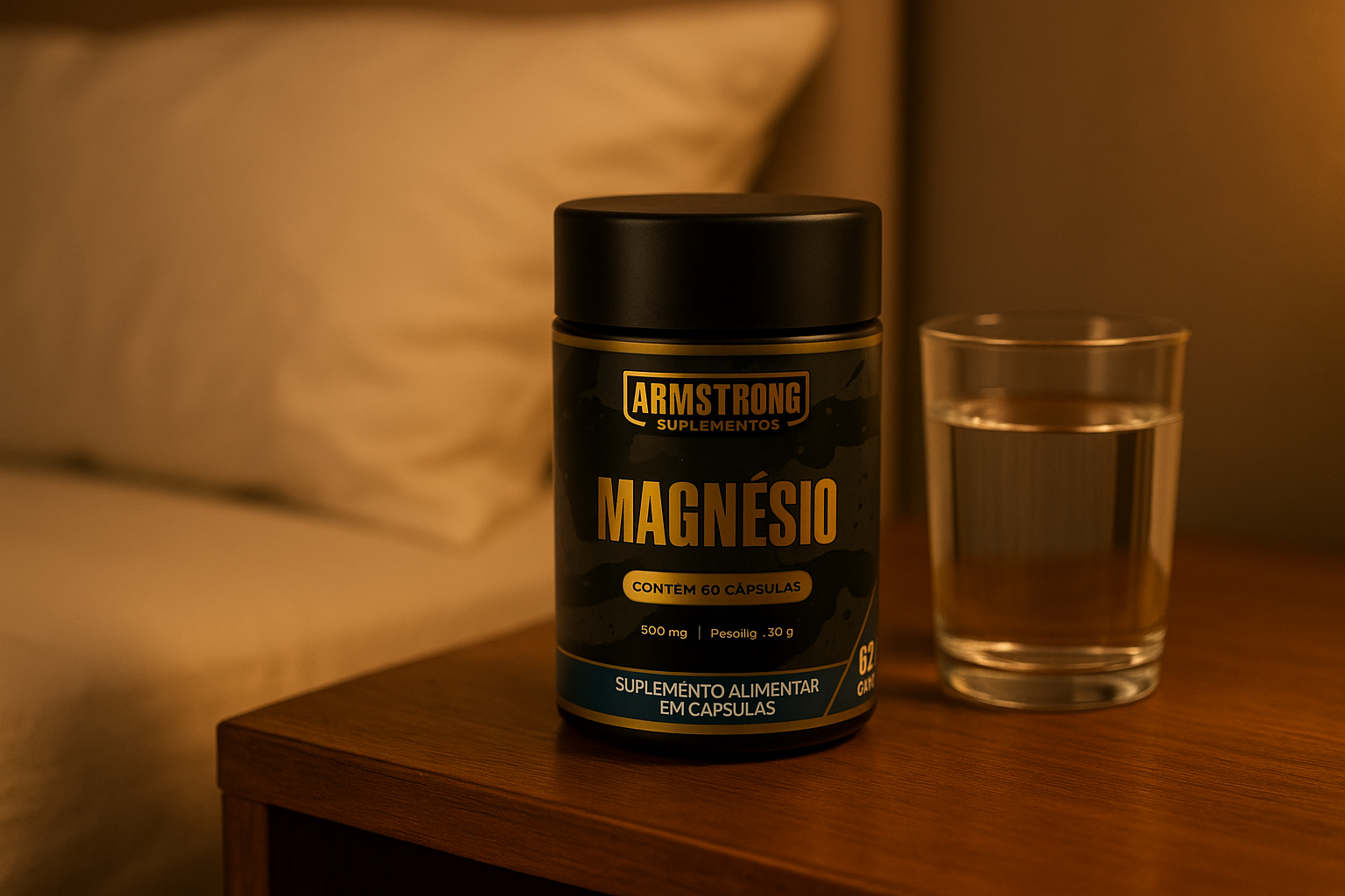 Pote Armstrong Magnesio sobre criado mudo com copo de agua ao lado cama com travesseiros brancos ao fundo em luz noturna