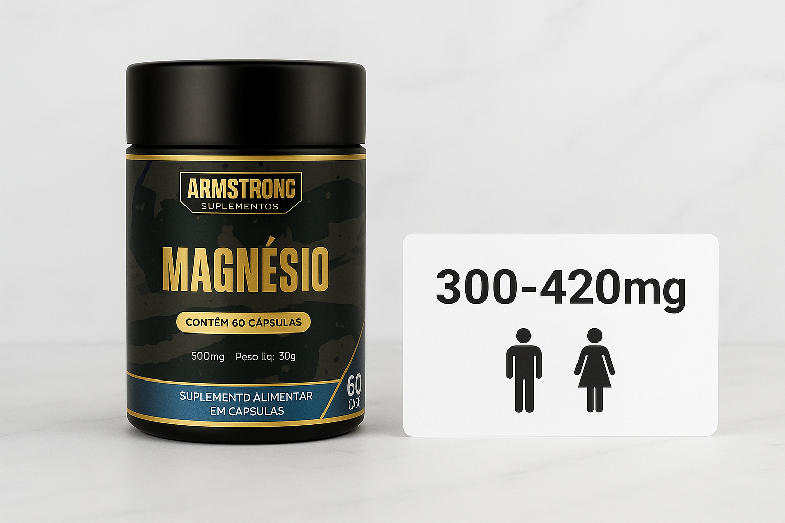 Pote Armstrong Magnesio ao lado de placa indicando dose diaria recomendada de 300 a 420mg para adultos