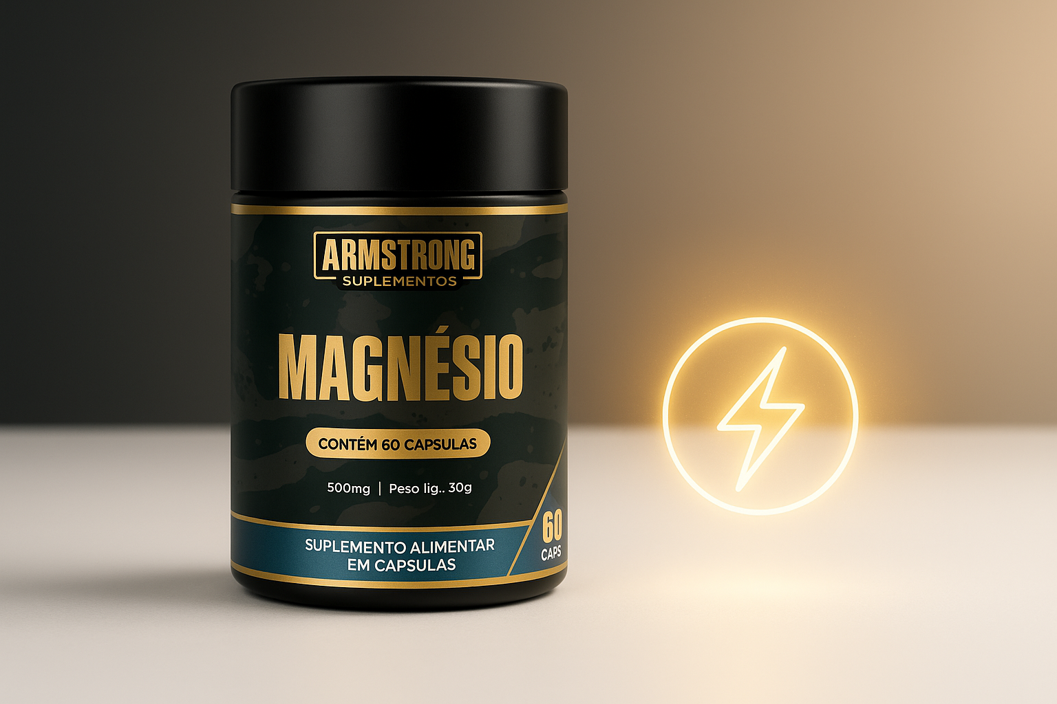 Pote Armstrong Magnesio com raio dourado de energia ao lado em fundo com gradiente do escuro para o claro representando transicao de cansaco para disposicao