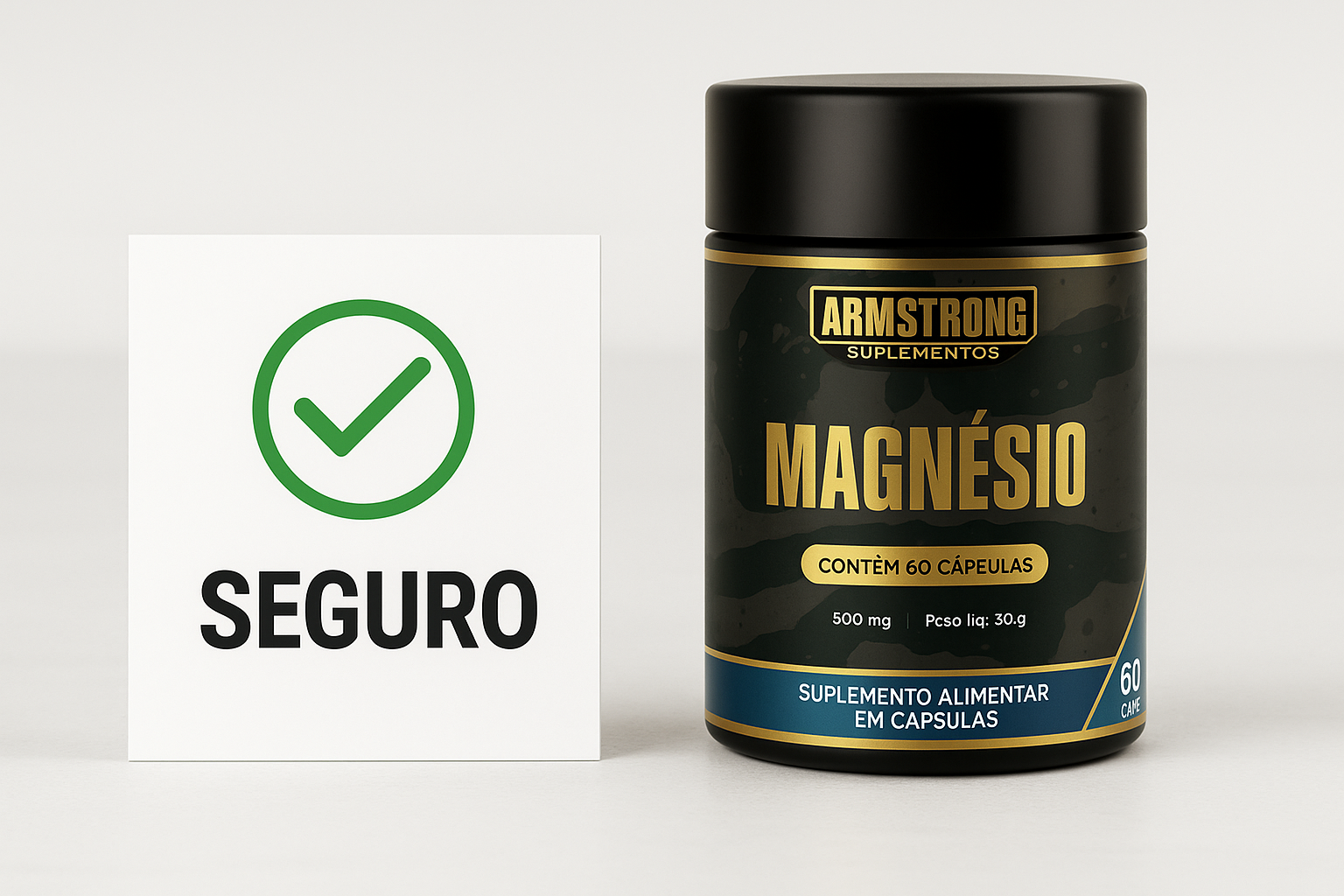Pote Armstrong Magnesio ao lado de simbolo verde de check e palavra SEGURO em tipografia limpa comunicando seguranca do suplemento