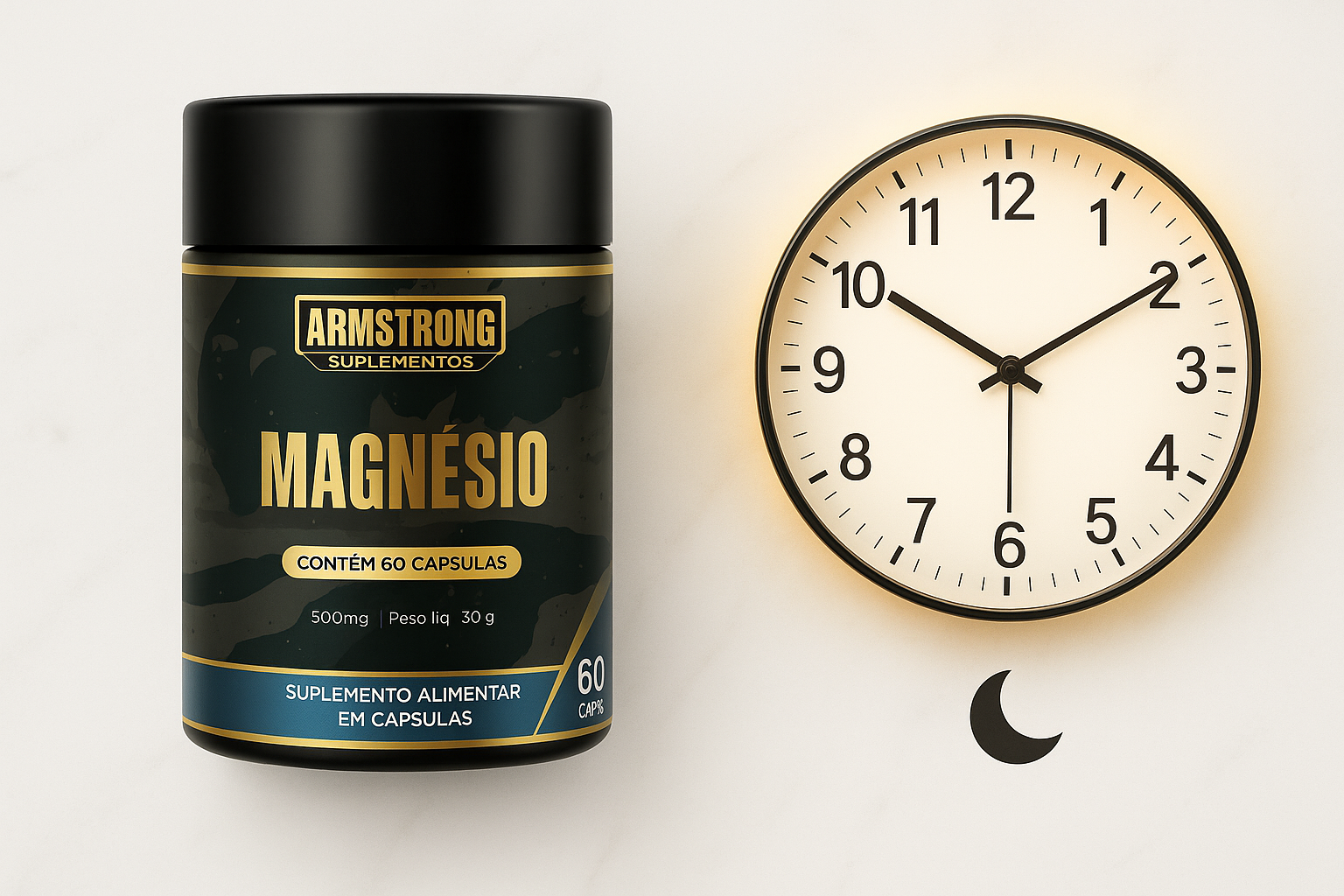 Pote Armstrong Magnesio ao lado de relogio analogico indicando horario noturno com lua crescente