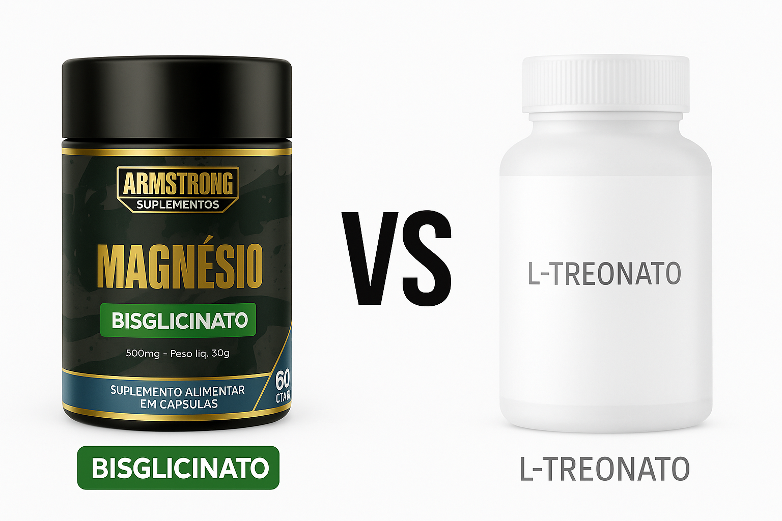 Comparativo visual entre pote Armstrong Magnesio Bisglicinato e frasco generico L-Treonato com VS ao centro em fundo branco