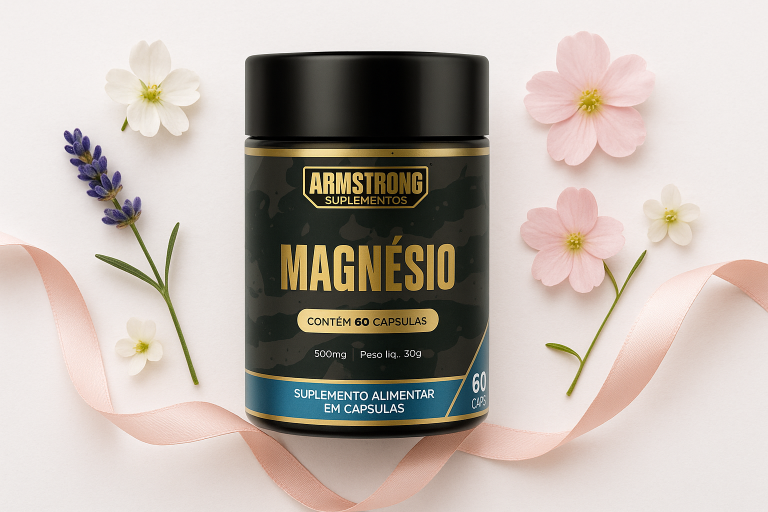 Pote Armstrong Magnesio Triplo rodeado por elementos wellness femininos como flores delicadas e lavanda em fundo branco