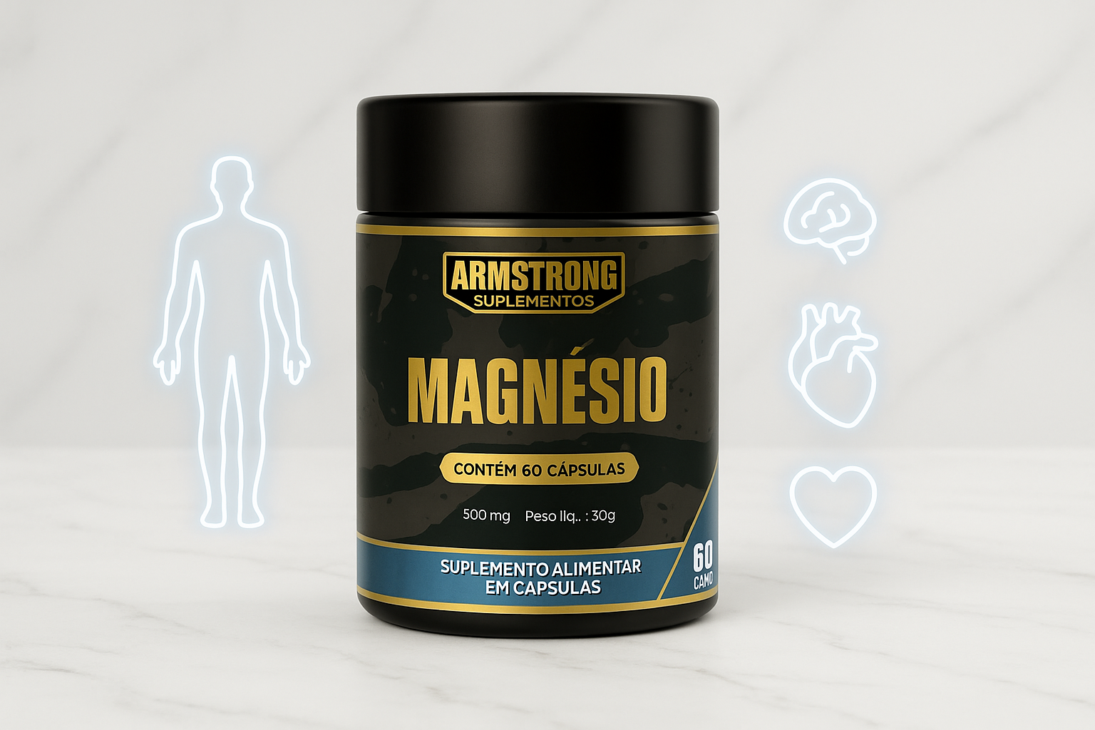 Pote Armstrong Magnesio Triplo com icones de corpo humano musculo cerebro e coracao