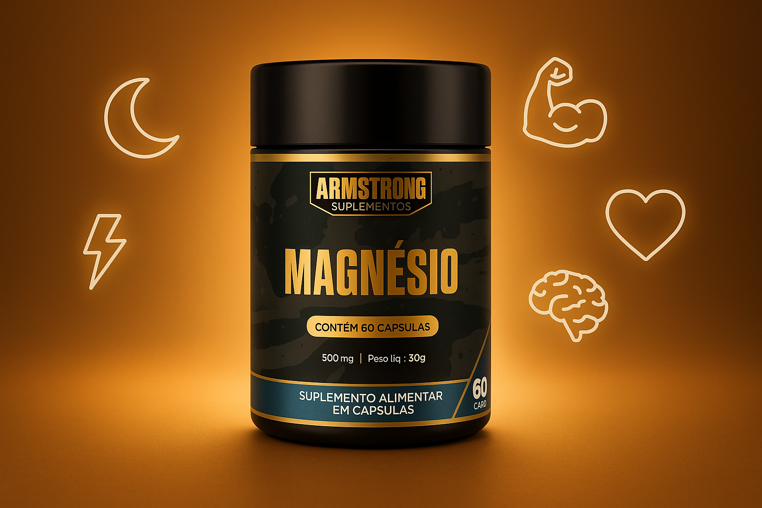 Pote Armstrong Magnesio Triplo em shot hero com fundo gradiente escuro dourado e icones de beneficios flutuando ao redor