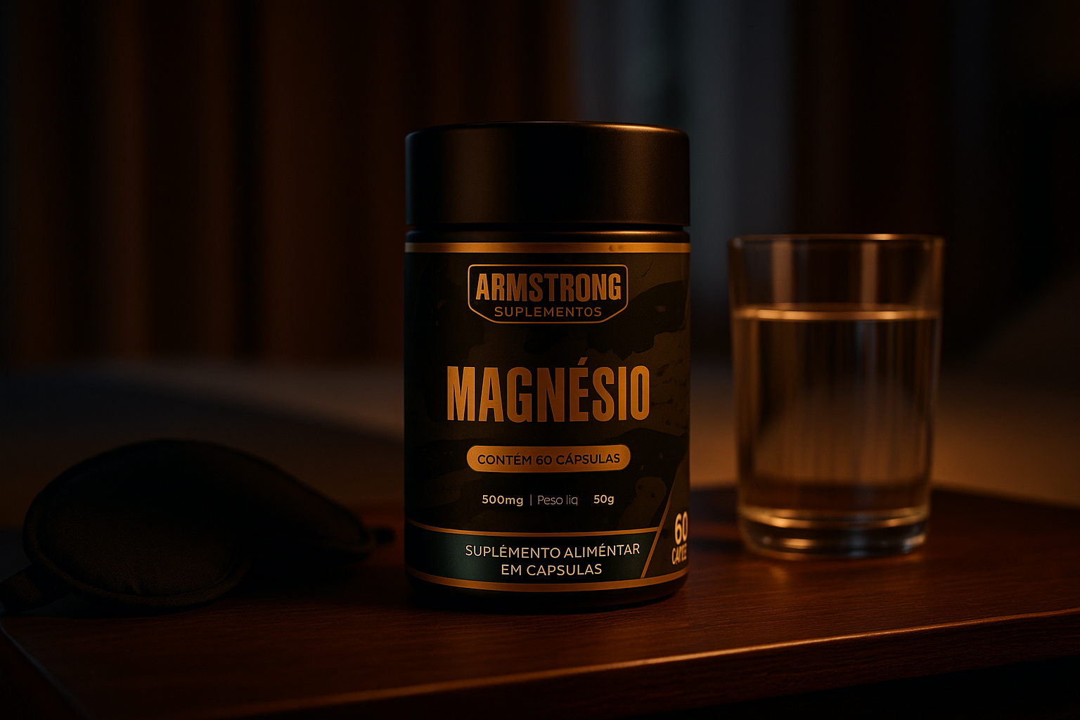 Pote Armstrong Magnesio iluminado em luz ambar sobre criado mudo com mascara de dormir e copo de agua quarto escuro ao fundo