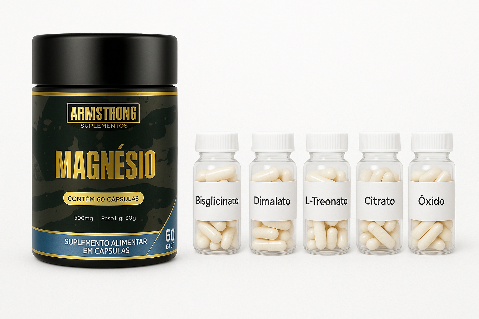 Pote Armstrong Magnesio Triplo ao lado de 5 frascos menores com tipos Bisglicinato Dimalato L-Treonato Citrato e Oxido