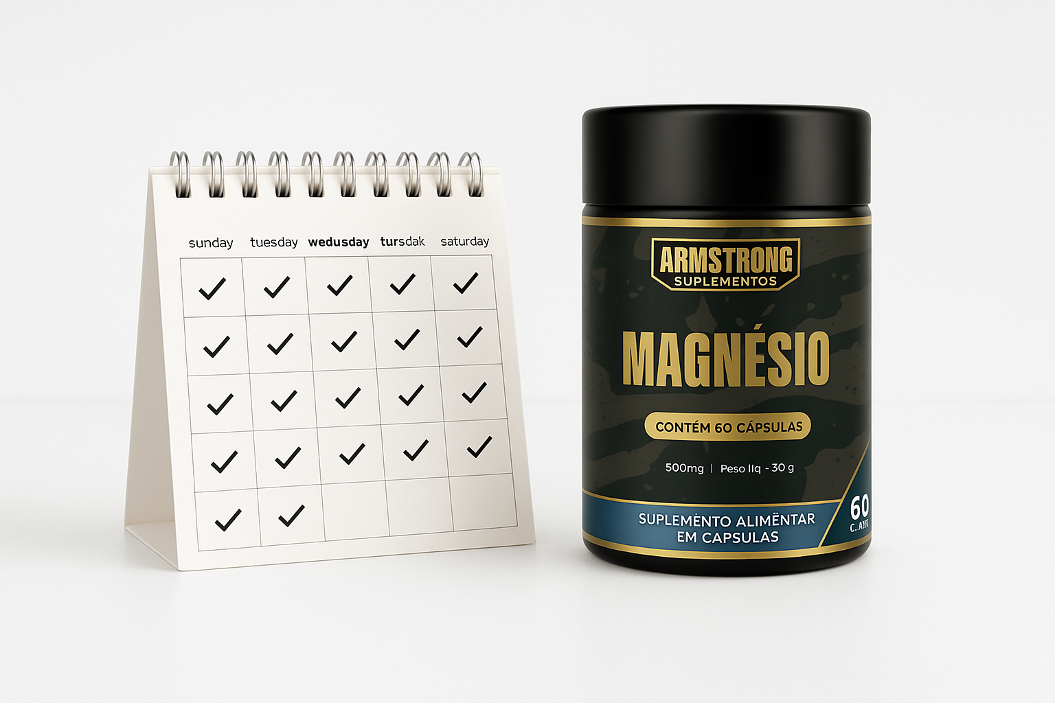 Pote Armstrong Magnesio ao lado de calendario mensal com marcacoes de checkmark em todos os dias representando uso diario continuo