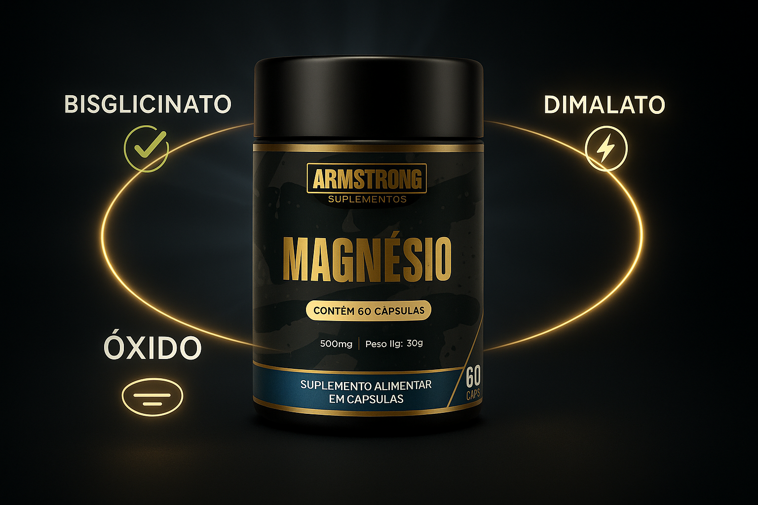 Pote Armstrong Magnesio Triplo com orbitas douradas indicando Bisglicinato Dimalato e Oxido ao redor