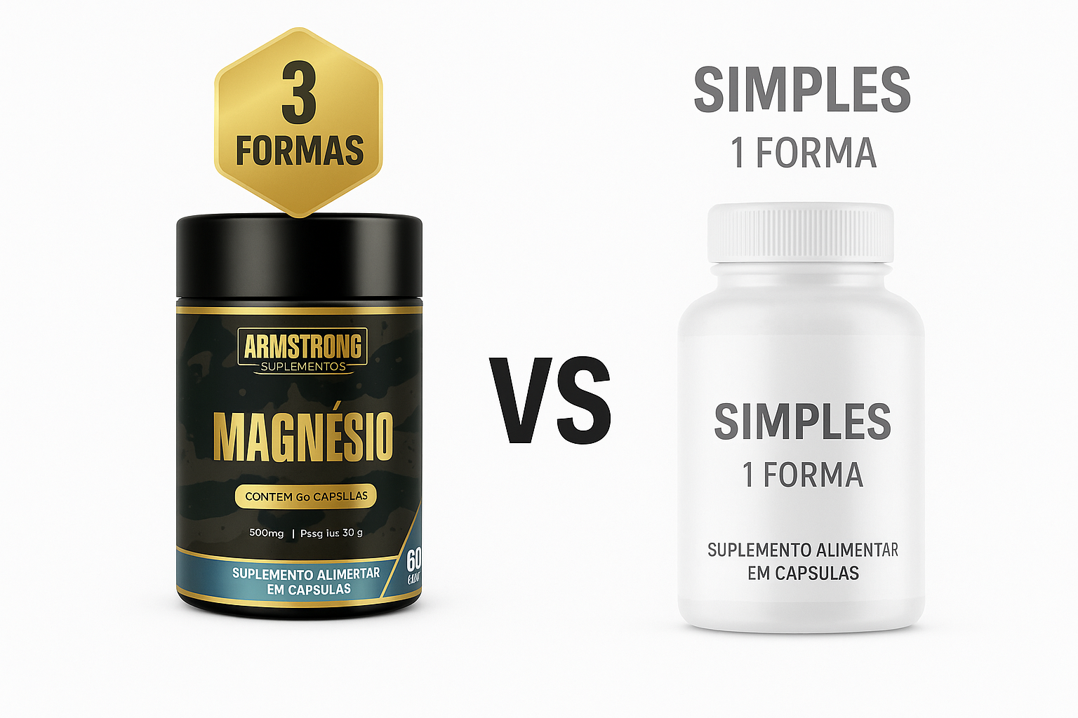 Comparativo entre pote Armstrong Magnesio Triplo com badge 3 Formas e frasco generico simples com 1 Forma com VS ao centro