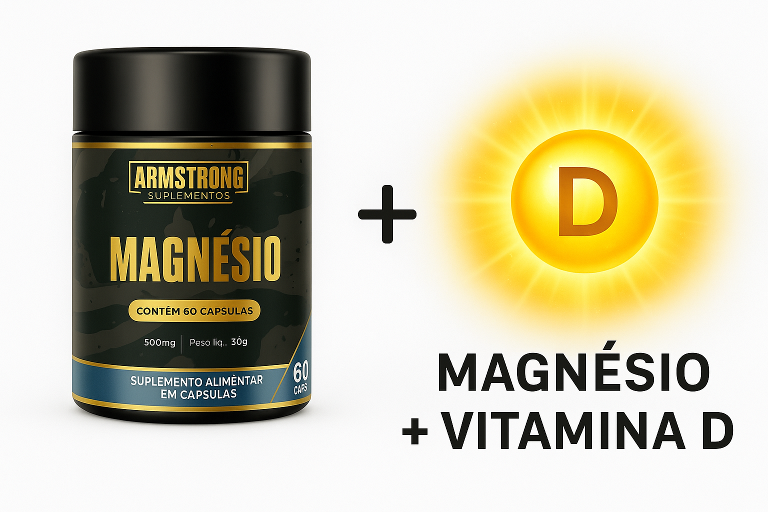 Pote Armstrong Magnesio e representacao de Vitamina D com sol dourado mostrando que os dois suplementos funcionam juntos