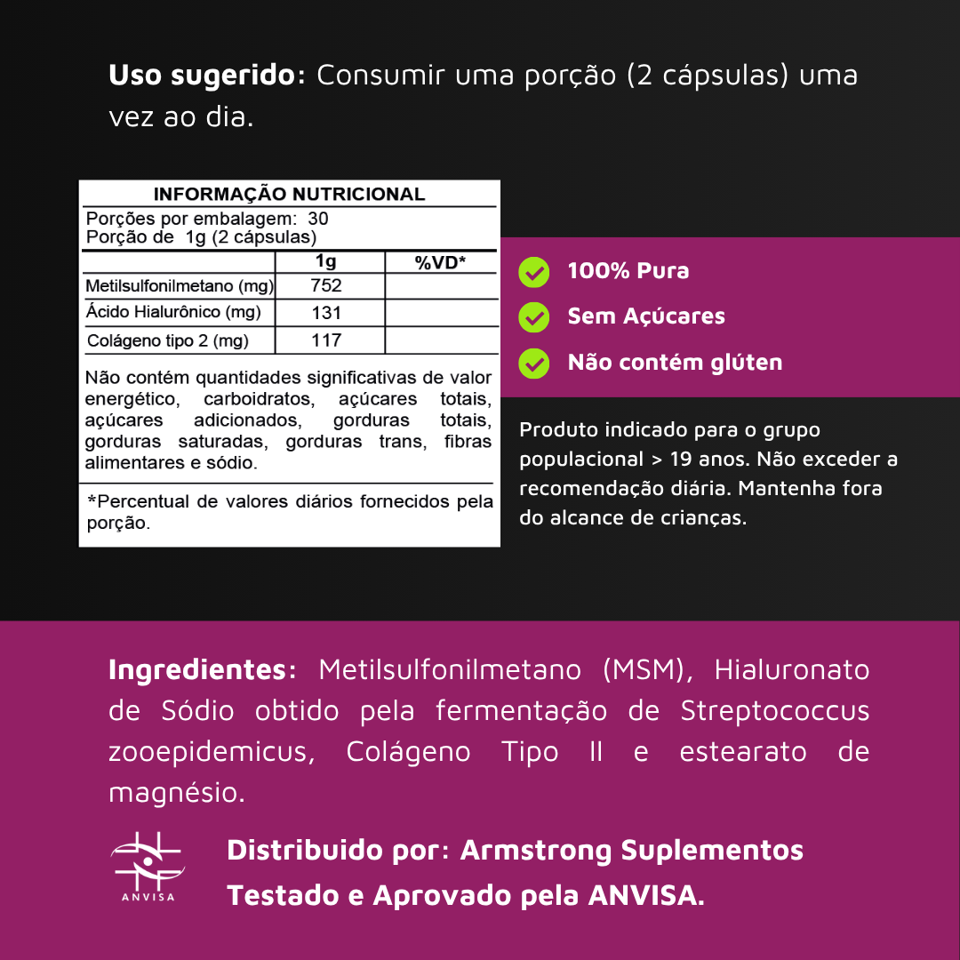 Colágeno Tipo II Armstrong – Com MSM e Ácido Hialurônico (60 Cápsulas)